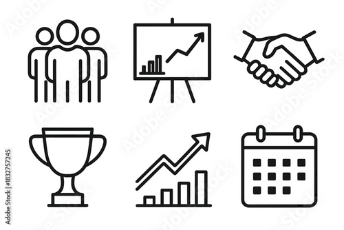 Team Success Icons. Team confidence linear icon set. group of people, chart board, handshake, trophy, upward arrow, calendar.