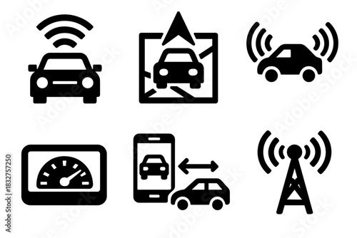 Vehicle Icon Set. Vehicle Connectivity silhouette icon set. car Wi-Fi system, GPS navigation, V2X icon, dashboard display, mobile integration, antenna signal.