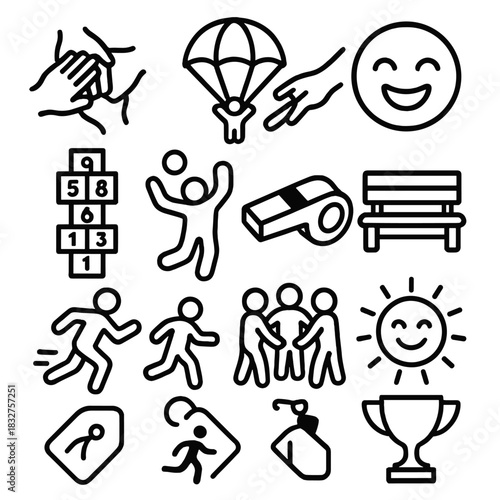Playful Teamwork Icons. Group Playtime linear icon set. teamwork hands, parachute toy, relay baton, laughter face, hopscotch, ball toss, whistle, playground bench, tag icon, group