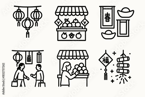 Festive Street Iconography. Chinese New Year Street Markets linear icon set: red lanterns, fruit stalls, gold decorations, shoppers, banners, firecrackers