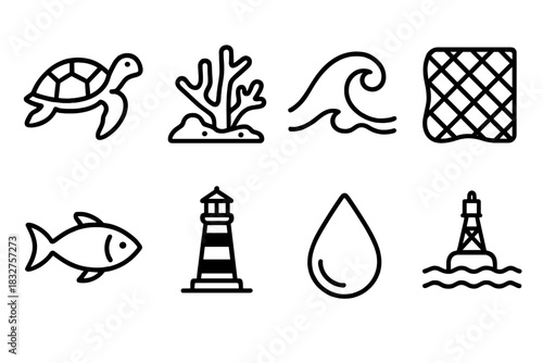 Ocean Conservation Icons. Ocean Conservation linear icon set: turtle, coral reef, wave, net, fish, lighthouse, droplet, buoy