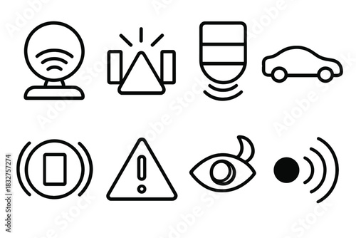 Safety Sensor Icons. Safety and Sensors linear icon set. radar dome, obstacle icon, motion detector, car silhouette, brake signal, alert triangle, night vision, signal waves