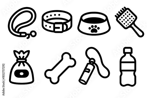 Dog Care Essentials. Dog care essentials concept linear icon set: leash, collar, bowl, brush, poop bag, dog treat, whistle, water bottle