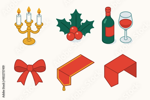 Elegant Xmas Table Icons. Christmas Elegant Table Decor flat icon set: candelabra, holly leaves, wine bottle, glassware, red ribbon, table runner