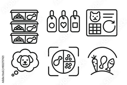 Pet Nutrition Icons. Creative Pet Nutrition Planning Icons linear icon set: meal prep containers, color-coded tags, diet chart grid, rotating menu arrow, idea bubble, structured