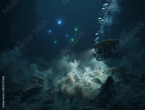 A yellow submersible explores the deep ocean floor, illuminating mysterious lights.