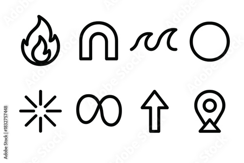 Competitive Mindset Symbols. Competitive mindset symbols linear icon set: determination flame, victory arc, momentum wave, clarity ring, breakthrough spark, resilience loop