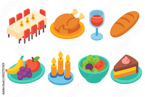 Vibrant Banquet Icons. Banquet Set flat icon set: long dining table, roasted turkey, wine glass, bread loaf, fruit platter, candle centerpiece, salad bowl, dessert plate