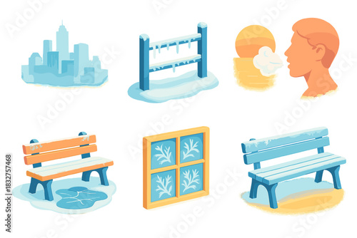 Frosty City Morning Icons. City Morning Frost flat icon set: city skyline in haze, frost on metal fence, sunrise reflection, steaming breath, icy bench, frozen puddle, window frost