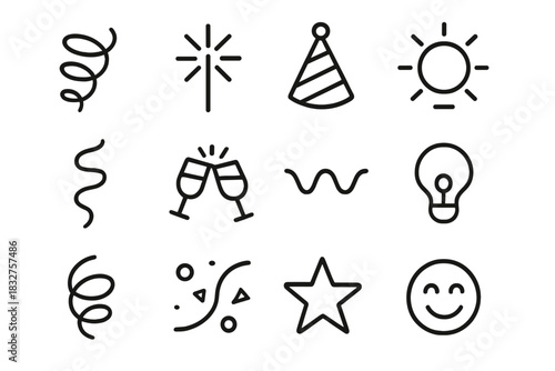 Festive Icon Collection. Festive Moments Symbols linear icon set: streamers, sparkler line, celebration hat, glowing orb, ribbon curl, joyful clink icon, festive wave, celebration
