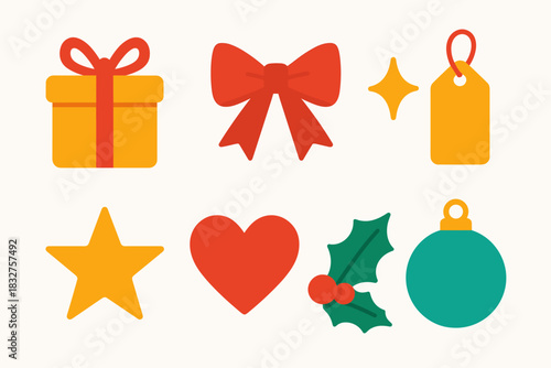Festive Gift Icons. Holiday packaging flat icon set : wrapped gift, ribbon bow, tag, sparkle, star, heart, holly leaf, ornament