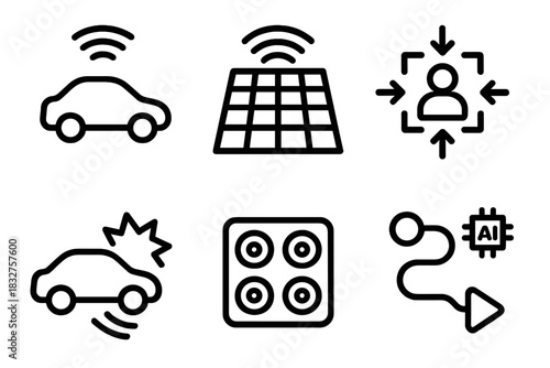 Self-Driving Car Icons. Autonomous Vision linear icon set: self-driving car sensor, LiDAR grid, motion tracking, obstacle detection, camera array, AI navigation path