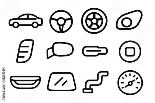 Car Outline Icons. Car Elements Set linear icon set: car silhouette, steering wheel, tire, headlight, taillight, side mirror, door handle, fuel cap, grille, windshield, exhaust