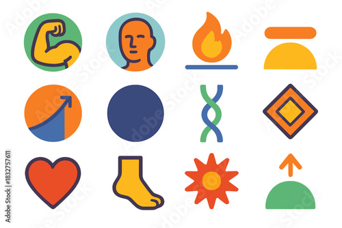 Resilience Icon Collection. Labor Day Personal Resilience Collection flat icon set: inner strength icon, calm core, steady flame, grounded line, uplift path, focus circle