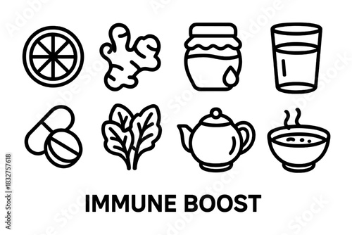 Healthy Icons Outline. Immune Boost linear icon set. lemon, ginger, honey jar, water glass, supplement capsule, leafy greens, teapot, bowl of soup