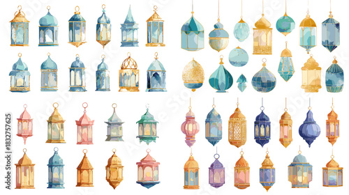Watercolor lanterns in soft pastel and gold tones, featuring traditional hanging lamps in various shapes and sizes, ideal for festive, holiday, or cultural design themes.