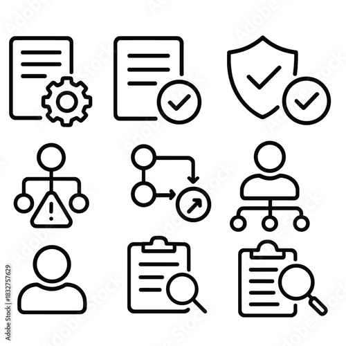 Compliance Symbols. Operational compliance standards themes linear icon set: procedural alignment, regulatory adherence, quality assurance, consistent standards, risk management