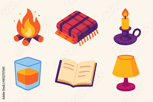 Burns Night Icons Set. Burns Night Comfort & Glow flat icon set: crackling fire, tartan throw, candleholder, glass of scotch, book pages, soft lamp