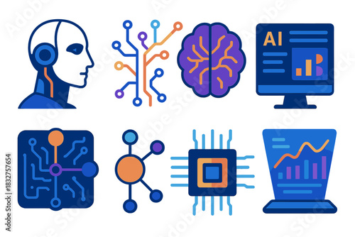 Futuristic AI Icons. Future of AI flat icon set: robotic face, algorithm lines, virtual brain, AI dashboard, connected sensors, circuit grid, holographic data, tech evolution