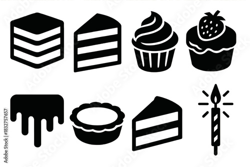 Bold Cake Icons. Sweet Cakes Symbols silhouette icon set. layered cake, slice of cake, cupcake with swirl, fruit cake, chocolate glaze, tart, cake wedge, sparkle candle