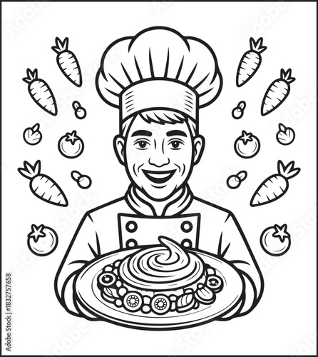 A cute chef making food in the kitchen black vector outline for children coloring page design traditional cooking book