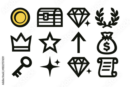 Prosperity Icon Set. Symbols of Prosperity silhouette icon set: gold coin, treasure chest, diamond, laurel wreath, crown, star, upward arrow, bag of coins, key, spark, gem, scroll