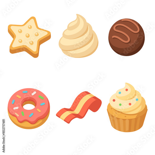 Festive Dessert Icons. Festive Desserts flat icon set : cookie star, frosting swirl, chocolate truffle, donut, candy ribbon, cupcake