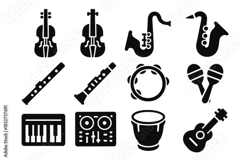 Bold Music Icons. Music Instruments Icons silhouette icon set: violin, cello, trumpet, saxophone, flute, clarinet, tambourine, maracas, keyboard, DJ mixer, hand drum, ukulele