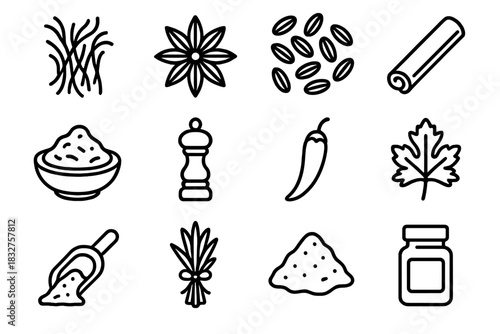 Exotic Spice Icons. Exotic Spice Collection linear icon set: saffron threads, star anise, cumin seeds, cinnamon stick, curry paste, pepper grinder, dried chili, coriander leaf