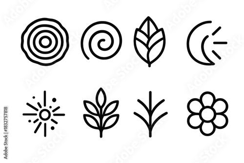 Botanical Iconography. Botanical storytelling symbols linear icon set: growth ring, organic swirl, layered leaf, harmony arc, blooming spark, natural motif, branching path, soft