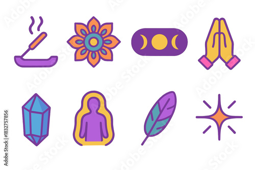 Spiritual Icon Set. Spiritual Renewal flat icons set. incense, mandala, moon phase, prayer hands, crystal, aura lines, feather, starburst