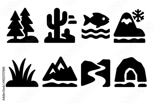 Bold Habitat Icons. Animal Habitat Set silhouette icon set: forest, desert, ocean, tundra, grassland, mountain, river, cave