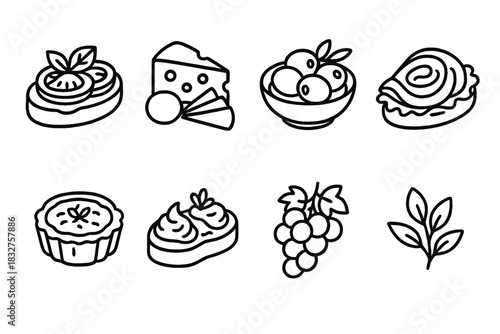 Elegant Appetizer Icons. Elegant Starters linear icon set. bruschetta, cheese platter, olives, smoked salmon, mini quiche, crostini, grape cluster, herb garnish