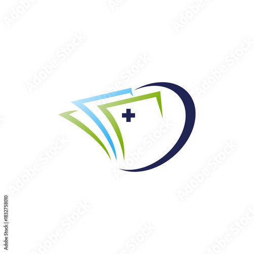 Abstract logo design featuring medical documents with a plus sign, symbolizing health insurance and financial care