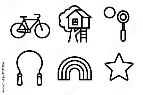 Simple Line Icons. Simple Pleasures linear icon set: bicycle, treehouse, bubble wand, skipping rope, rainbow, star