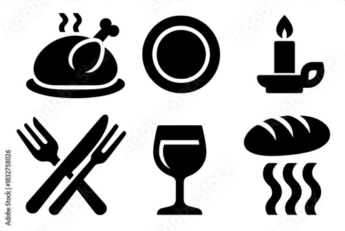 Brutalist Roast Icons. Roast tradition silhouette icon set : roasted turkey, plate, carving knife, fork, candle, bread loaf, wine glass, steam wave