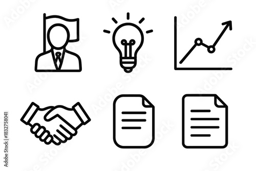 Leadership Icon Set. Leadership focus linear icon set. leader figure, flag, light bulb, chart line, handshake, document.