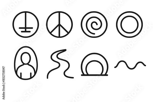 Stress Recovery Symbols. Stress recovery practices symbols linear icon set: grounding circle, peace symbol, relaxation spiral, clarity ring, calm aura, serenity path, restorative