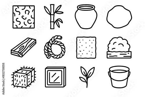 Natural Material Icons. Natural materials linear icon set: cork tile, bamboo stick, clay pot, stone, wooden board, rope fiber, lime plaster, wool insulation, straw bale, glass
