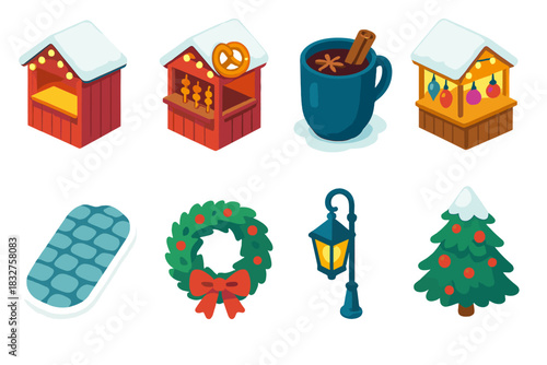 Winter Market Icons. Winter Market Streets flat icon set: glowing kiosks, warm pretzel stand, mulled wine cup, handmade ornament table, snowy cobblestone path, wreath decorations