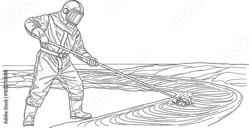 Environmental Clean-up Worker in Hazmat Suit Line Art Illustration
