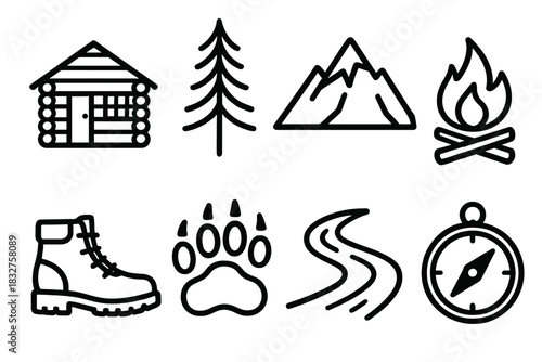 Rocky Wilderness Icons. Rocky Mountain Escape linear icon set: log cabin, pine tree, mountain peak, campfire, hiking boots, river stream, bear paw, compass