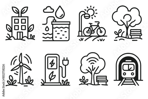 Eco-City Infrastructure Icons. Eco-city infrastructure concept linear icon set: green building, water purification system, solar streetlight, bicycle route, wind turbine, charging
