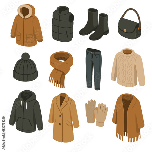 Winter Fashion Icons. Urban Winter flat icon set : parka, puffer vest, sleek boots, crossbody bag, wool hat, thick scarf, slim jeans, cable sweater, hooded jacket, statement coat