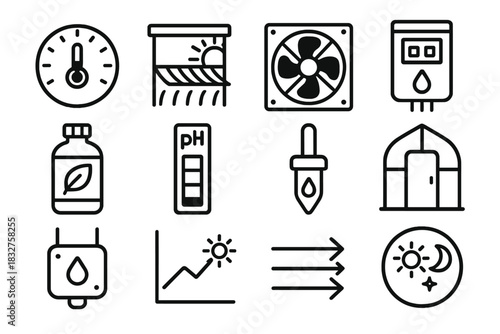 Controlled Environment Icons. Controlled Environment Icons linear icon set: temperature dial, shade cloth, fan unit, irrigation timer, nutrient solution bottle, pH test strip