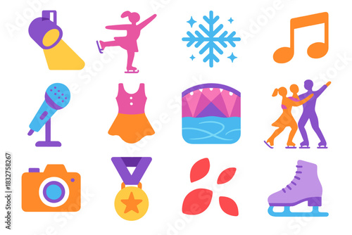 Glamorous Ice Skating Show. Glamorous Ice Show flat icon set: spotlight, skater silhouette, snowflake sparkle, music notes, microphone, performance outfit, rink lights, dance pair