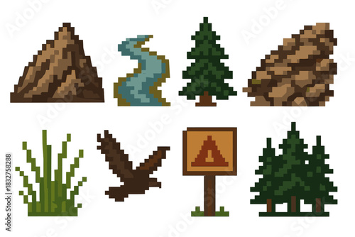 Wild Terrain Icons. Wild Terrain pixel style icon set: rugged peak, winding river, dense pine, rocky trail, wild grass tuft, soaring bird, campsite marker, forest shadow