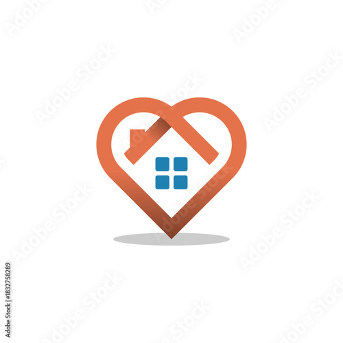 Stylized orange heart shape with a house icon and blue windows inside, resembling a home location pin or real estate logo.