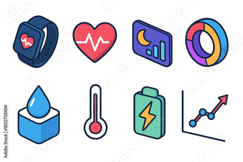 Wellness Monitoring Icons. Wellness Monitoring flat icons set. wearable device, heartbeat symbol, sleep cycle chart, daily goal ring, hydration meter, thermometer, energy level