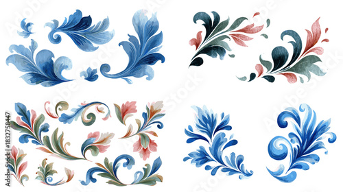 Elegant watercolor baroque scrolls and floral flourishes in soft blue and pastel tones, featuring decorative swirls perfect for invitations, design accents, and classic ornamental artwork.